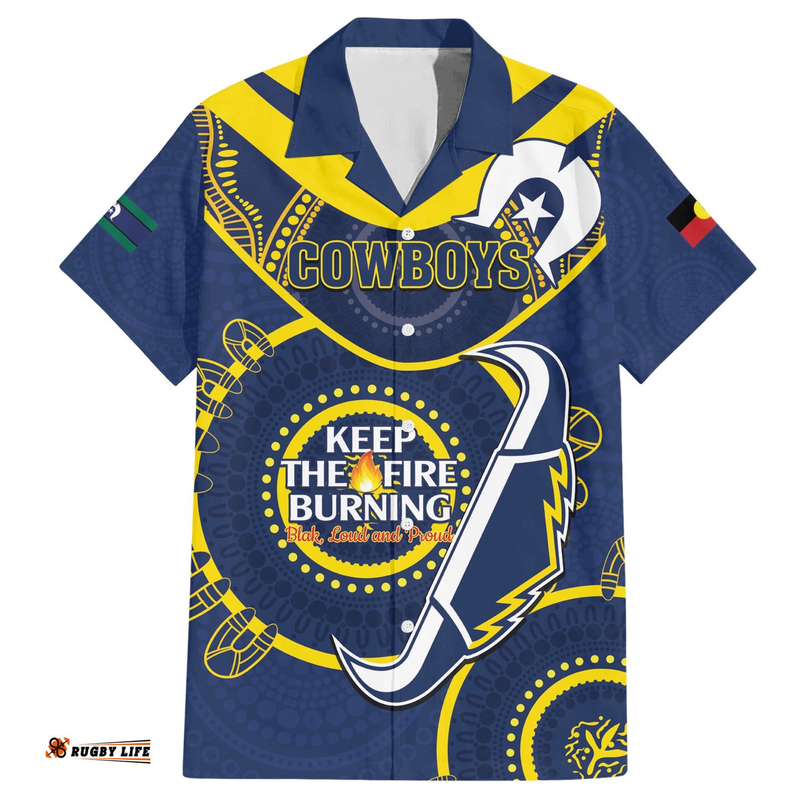 Custom NRL Cowboys NAIDOC Week Hawaiian Shirt Keep The Fire Burning Indigenous Art