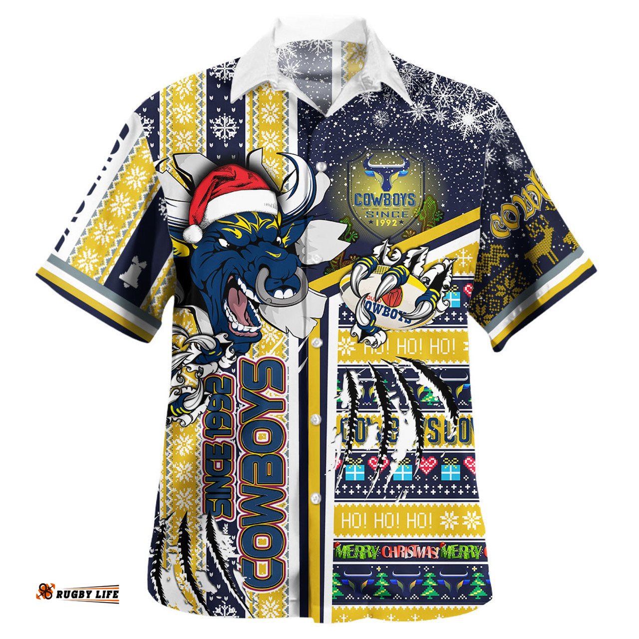 North Queensland Cowboys Hawaiian Shirt - Merry "Super North Queensland Cowboys" Christmas Scratch Ho Ho Ho Hawaiian Shirt