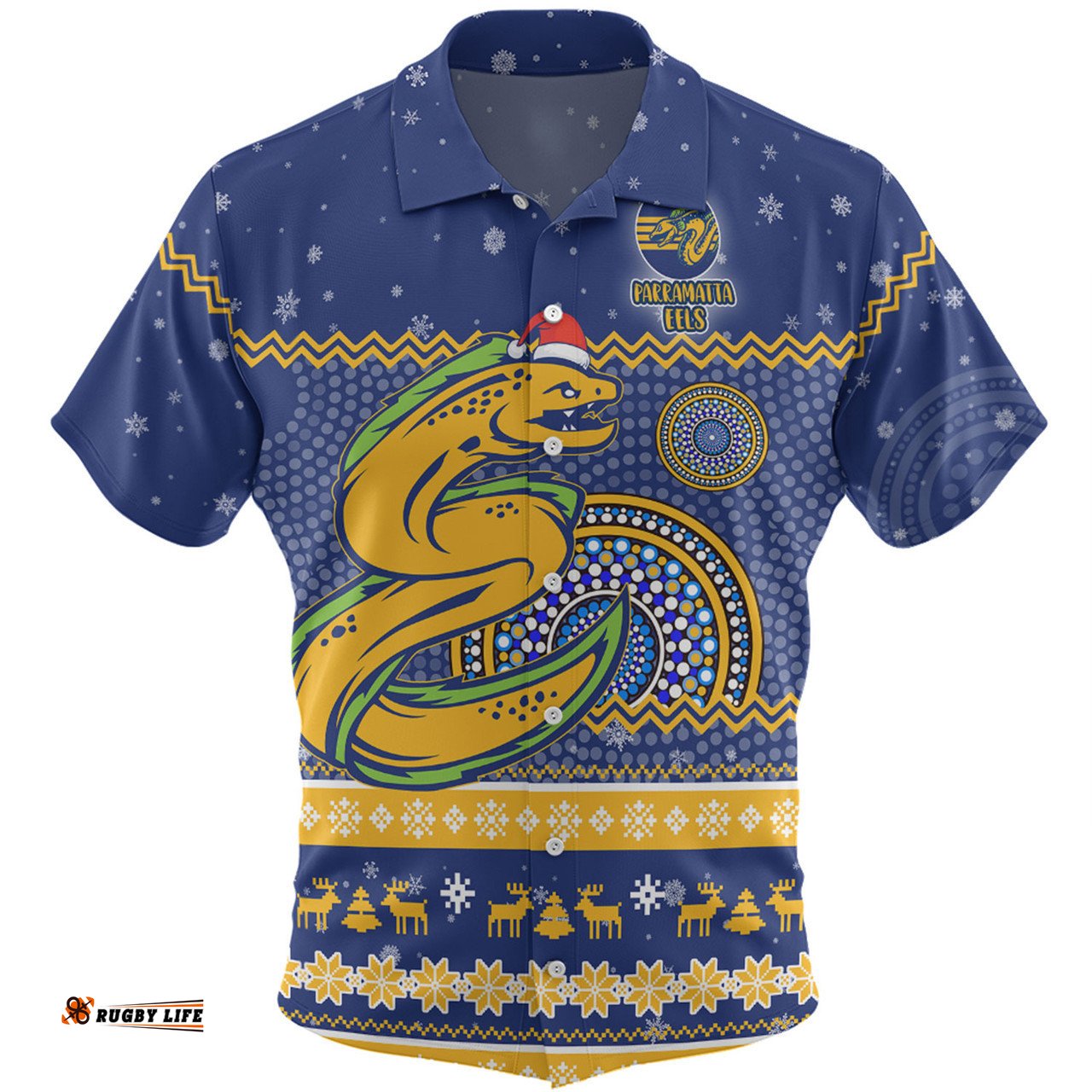 Parramatta Eels Christmas Custom Hawaiian Shirt - Ugly Xmas And Aboriginal Patterns For Die Hard Fan Hawaiian Shirt