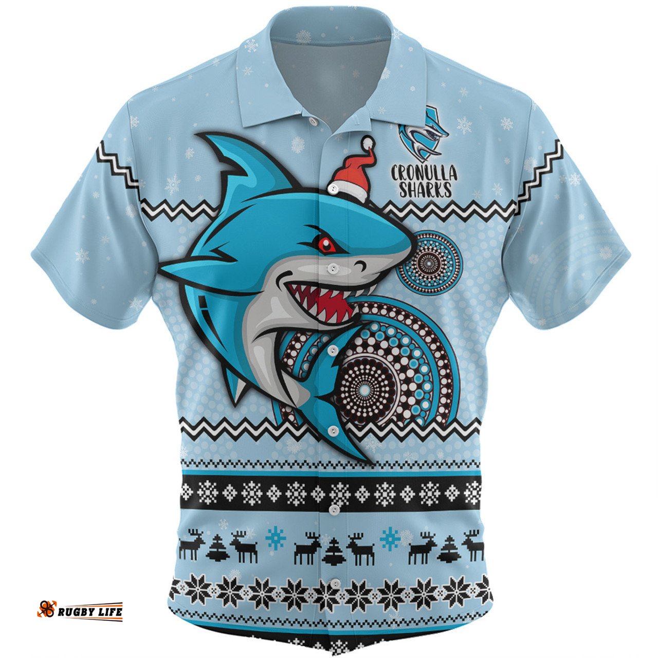 Cronulla-Sutherland Sharks Christmas Custom Hawaiian Shirt - Ugly Xmas And Aboriginal Patterns For Die Hard Fan Hawaiian Shirt