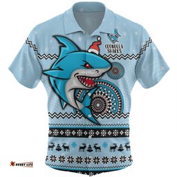 Cronulla-Sutherland Sharks Christmas Custom Hawaiian Shirt - Ugly Xmas And Aboriginal Patterns For Die Hard Fan Hawaiian Shirt