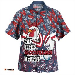 Sydney Roosters Hawaiian Shirt - Tropical Patterns And Dot Painting Eat Sleep Rugby Repeat