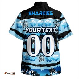 Cronulla-Sutherland Sharks Hawaiian Shirt - Tropical Hibiscus and Coconut Trees