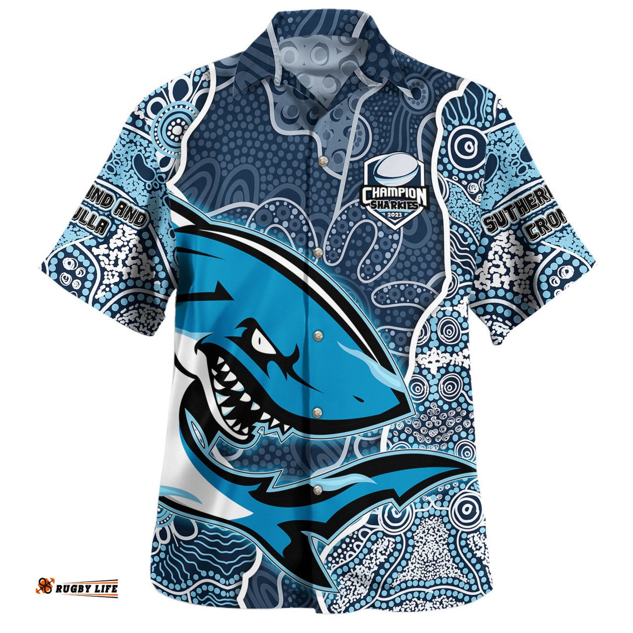 Cronulla-Sutherland Sharks Grand Final Custom Hawaiian Shirt - Custom Cronulla-Sutherland Sharks and Sutherland Sharkies With Contemporary Style Of Aboriginal Painting Hawaiian Shirt