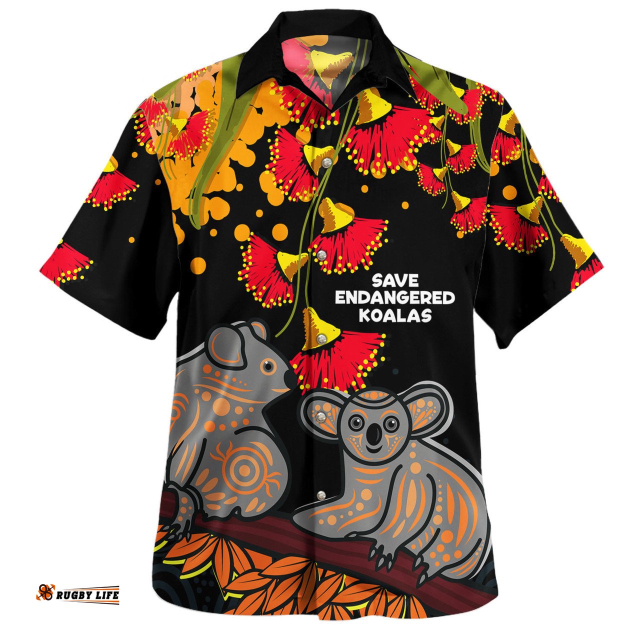 Australia Hawaiian Shirt - Aboriginal Save Endangered Koalas Red Bottle Brush Flower