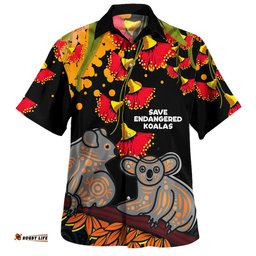 Australia Hawaiian Shirt - Aboriginal Save Endangered Koalas Red Bottle Brush Flower