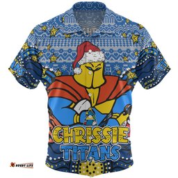 Gold Coast Titans Christmas Custom Hawaiian Shirt - Christmas Knit Patterns Vintage Jersey Ugly Hawaiian Shirt