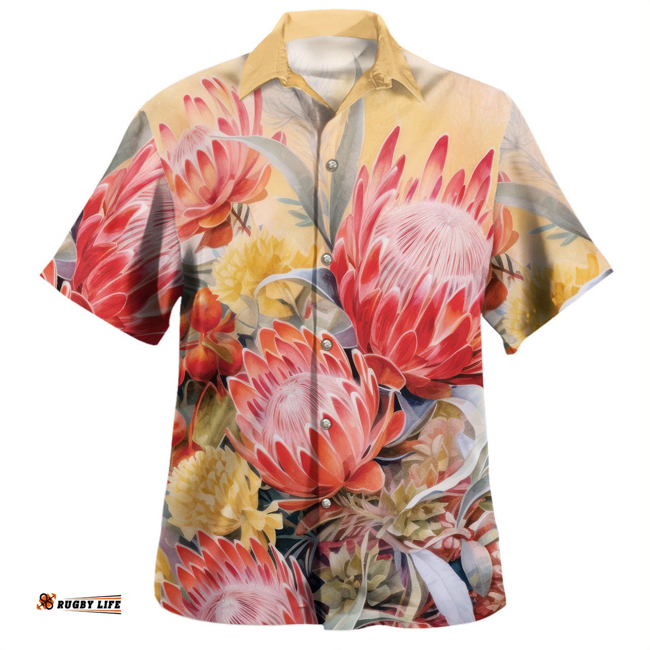 Australia Waratah Hawaiian Shirt - Yellow Orange Waratah Flowers Art Hawaiian Shirt