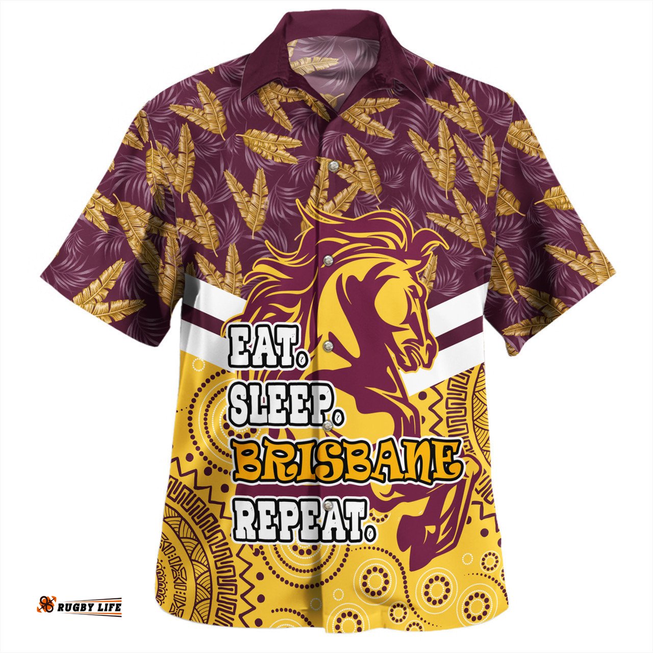 Brisbane Broncos Hawaiian Shirt - Tropical Patterns And Dot Painting Eat Sleep Rugby Repeat