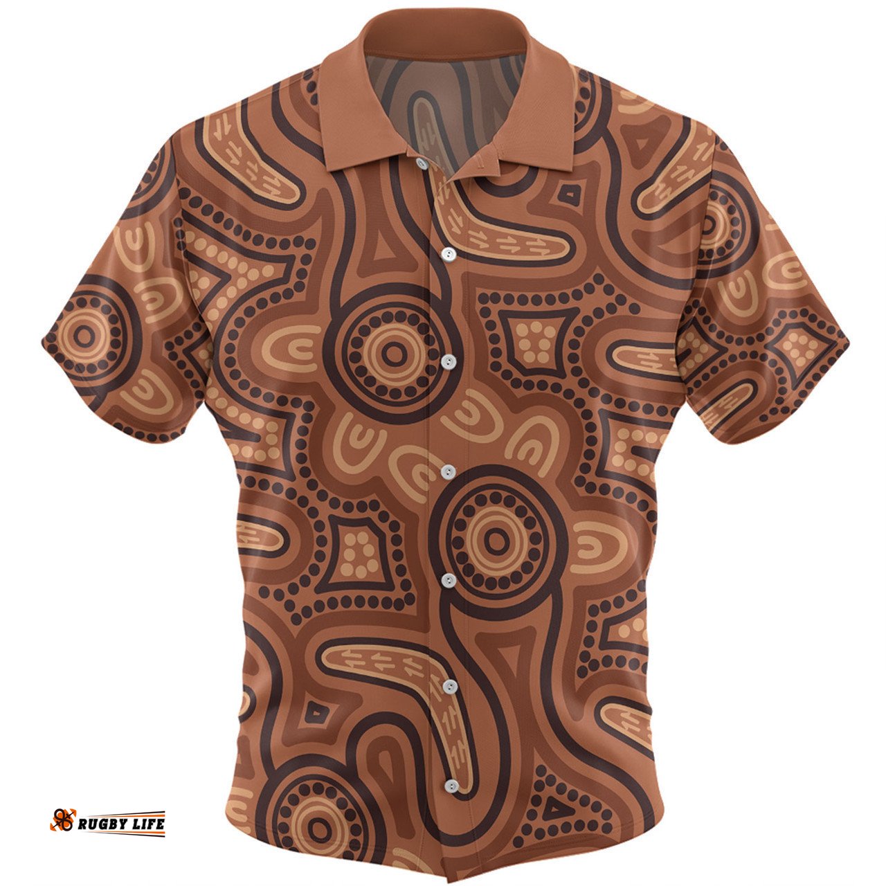 Australia Dot Painting Inspired Aboriginal Hawaiian Shirt - Brown Aboriginal Australian Art With Boomerang Hawaiian Shirt