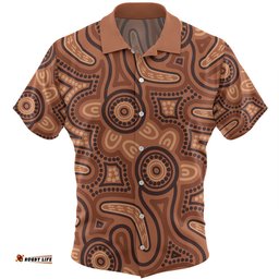 Australia Dot Painting Inspired Aboriginal Hawaiian Shirt - Brown Aboriginal Australian Art With Boomerang Hawaiian Shirt