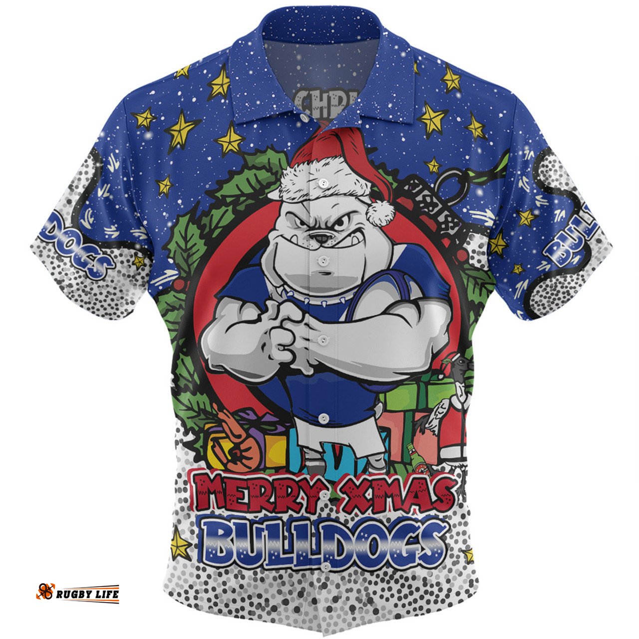 Canterbury-Bankstown Bulldogs Christmas Custom Hawaiian Shirt - Merry Christmas Our Beloved Team With Aboriginal Dot Art Pattern Hawaiian Shirt