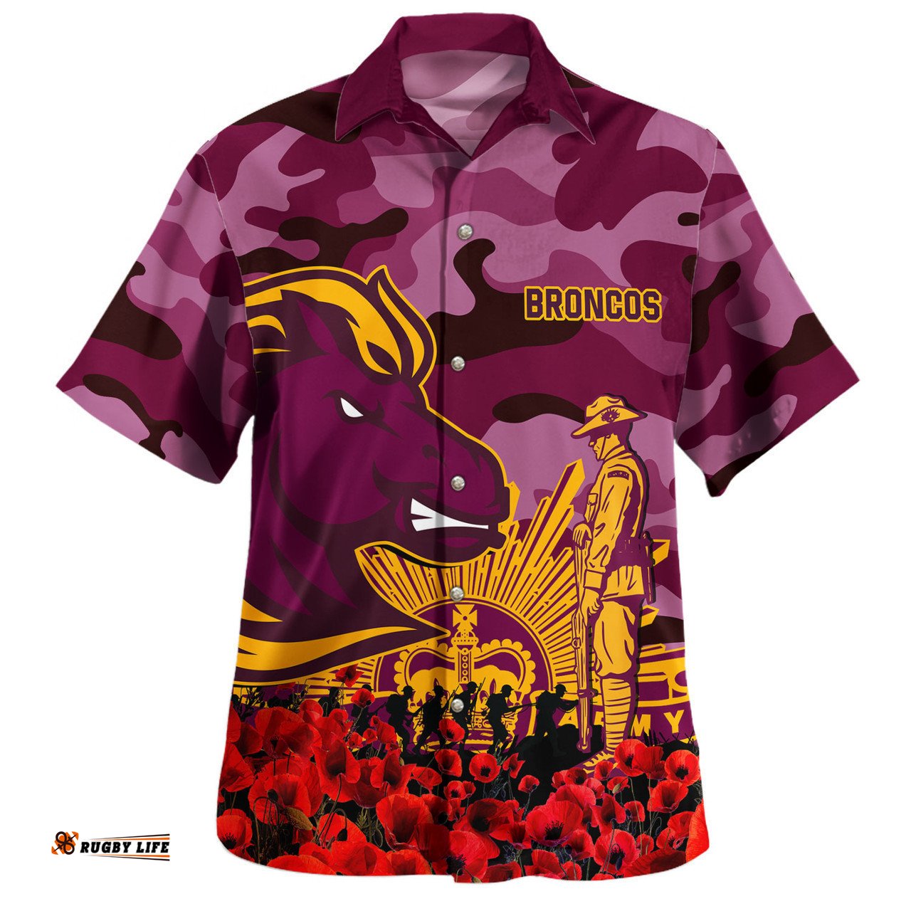 Brisbane Broncos Hawaiian Shirt - Brisbane Broncos Anzac Day Lest We Forget