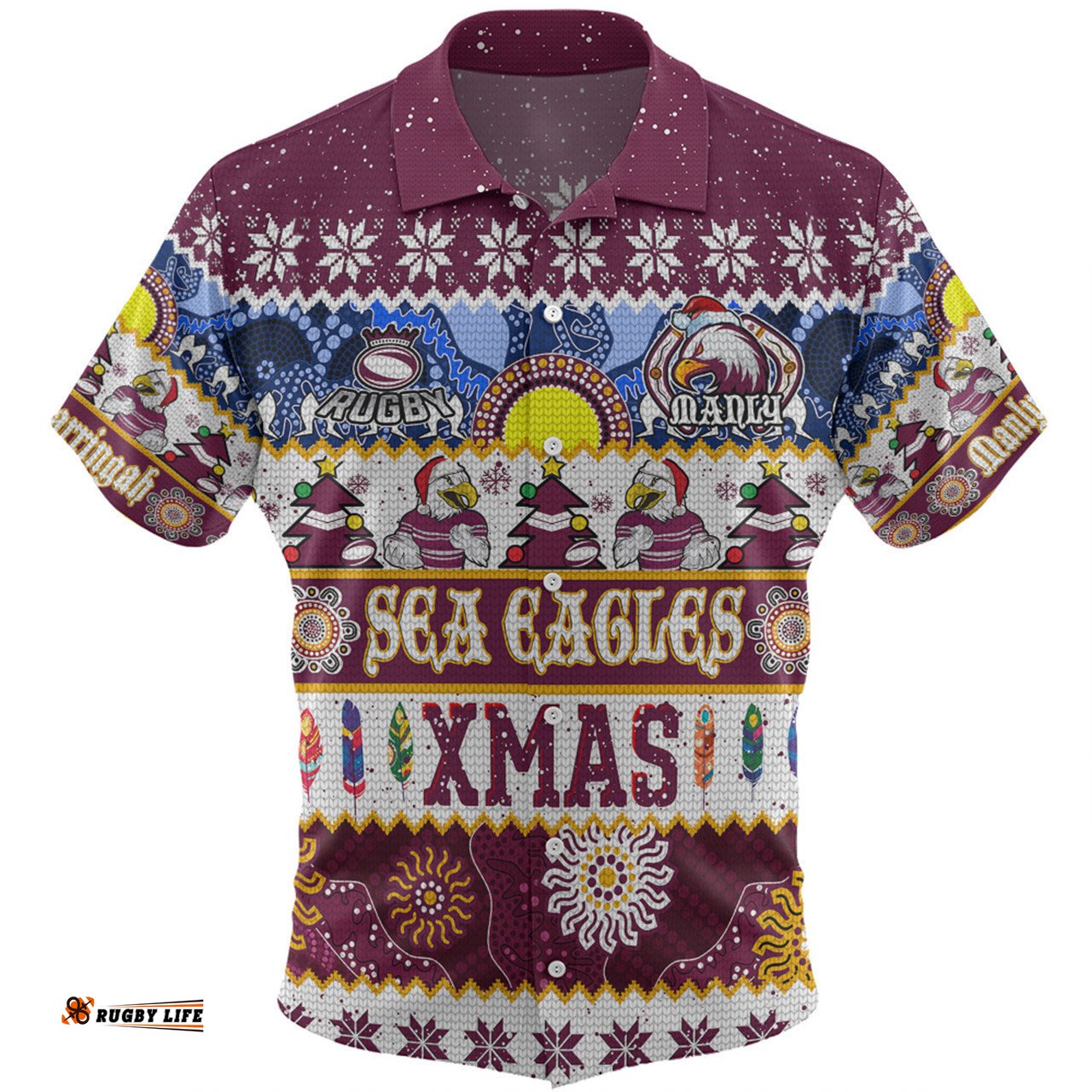 Manly Warringah Sea Eagles Christmas Aboriginal Custom Hawaiian Shirt - Indigenous Knitted Ugly Xmas Style Hawaiian Shirt