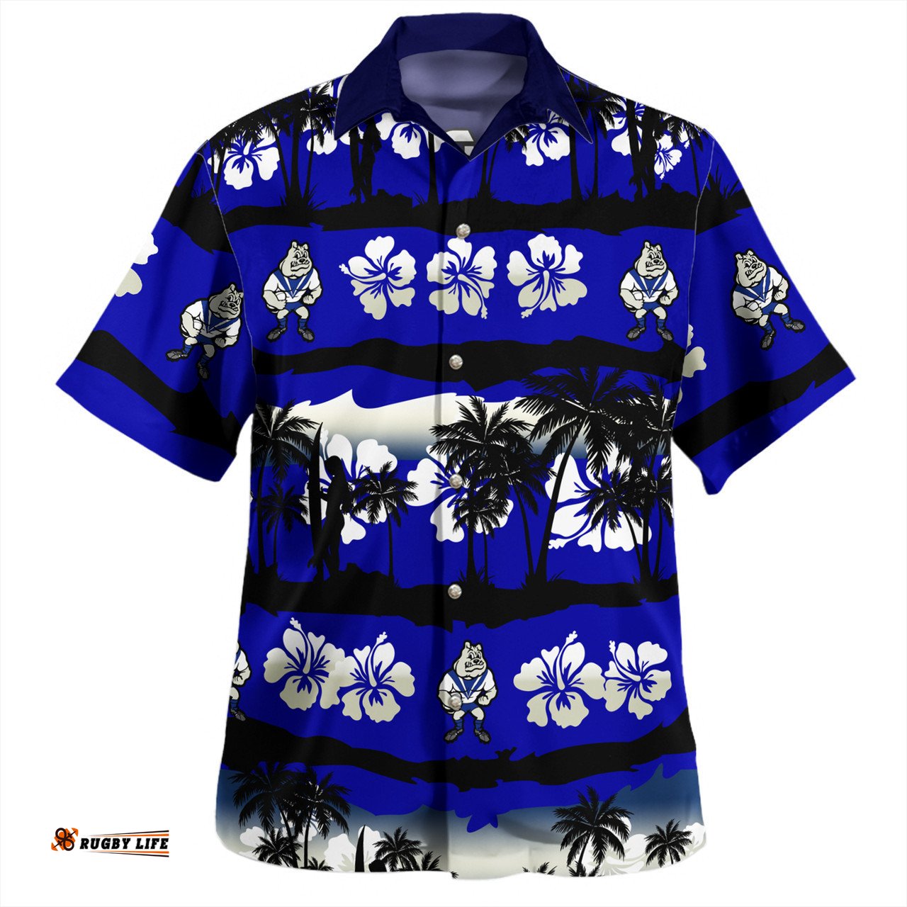 Canterbury-Bankstown Bulldogs Hawaiian Shirt - Tropical Hibiscus and Coconut Trees