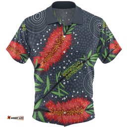 Australia Flowers Aboriginal Hawaiian Shirt - Red Bottle Brush Tree Depicted In Aboriginal Style Hawaiian Shirt