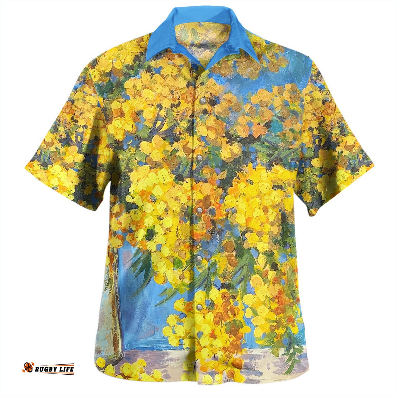 Australia Golden Wattle Hawaiian Shirt - Golden Wattle Bouquet Blue Background Oil Painting Art Hawaiian Shirt