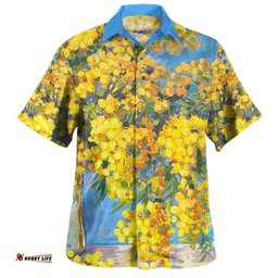 Australia Golden Wattle Hawaiian Shirt - Golden Wattle Bouquet Blue Background Oil Painting Art Hawaiian Shirt