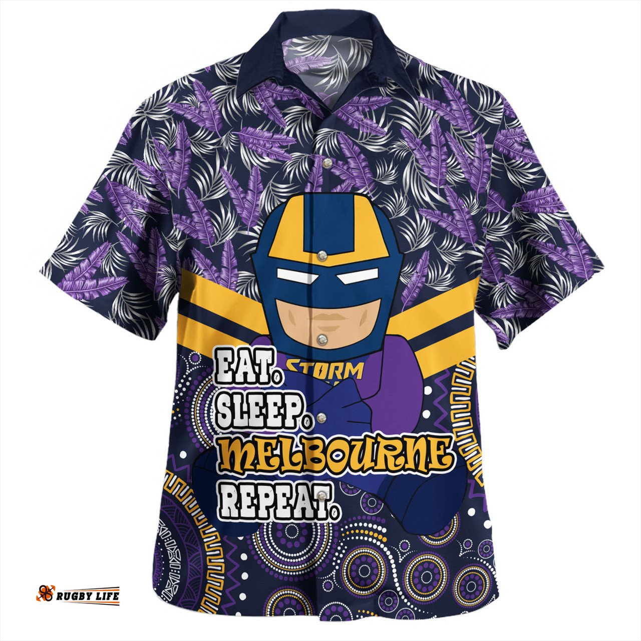 Melbourne Storm Hawaiian Shirt - Tropical Patterns And Dot Painting Eat Sleep Rugby Repeat