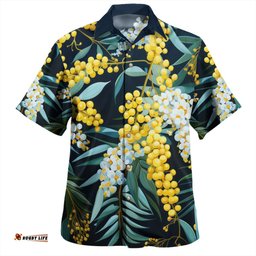 Australia Golden Wattle Hawaiian Shirt - Golden Wattle Seamless Patterns Blue Background Hawaiian Shirt