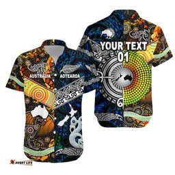 Custom Personalised New Zealand Maori Aotearoa And Australia Aboriginal Hawaiian Shirt Together Blue, Custom Text And Number