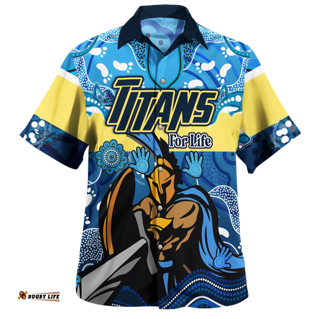 Gold Coast Titans Custom Hawaiian Shirt - Gold Coast Titans For Life With Aboriginal Style Hawaiian Shirt