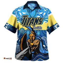 Gold Coast Titans Custom Hawaiian Shirt - Gold Coast Titans For Life With Aboriginal Style Hawaiian Shirt