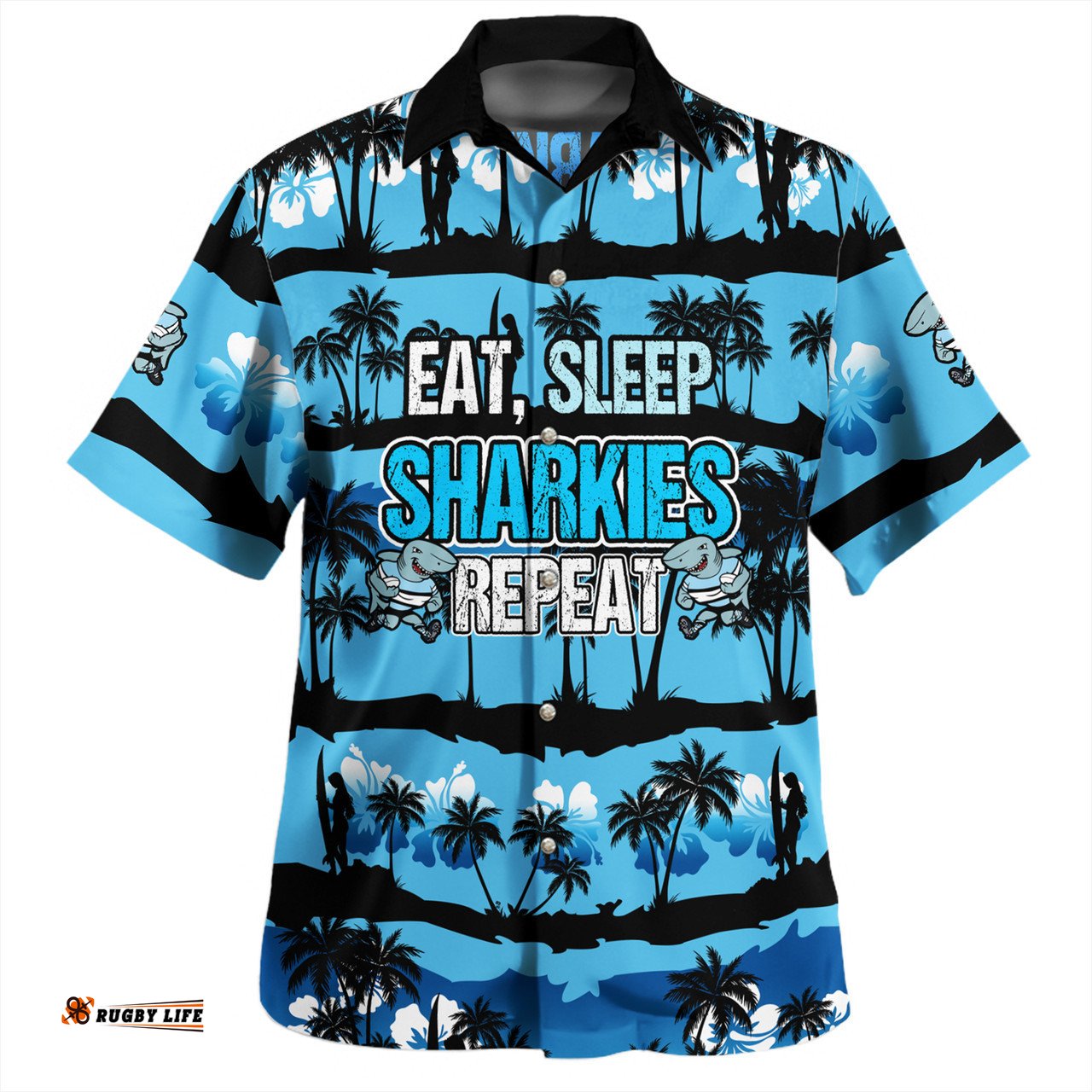 Cronulla-Sutherland Sharks Hawaiian Shirt - Eat Sleep Repeat With Tropical Patterns
