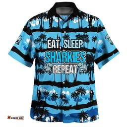 Cronulla-Sutherland Sharks Hawaiian Shirt - Eat Sleep Repeat With Tropical Patterns