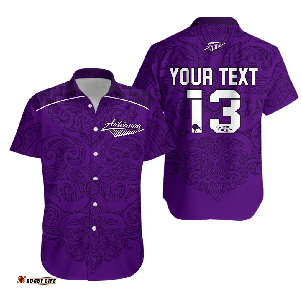 Custom Personalised Maori Hawaiian Shirt Purple Aotearoa Tattoo Custom Text and Number