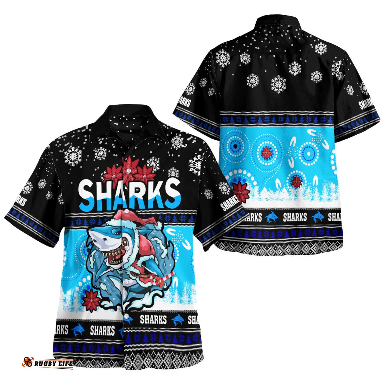 Cronulla-Sutherland Sharks Christmas Hawaiian Shirt - Custom Cronulla-Sutherland Sharks Ugly Christmas And Aboriginal Patterns Hoodie