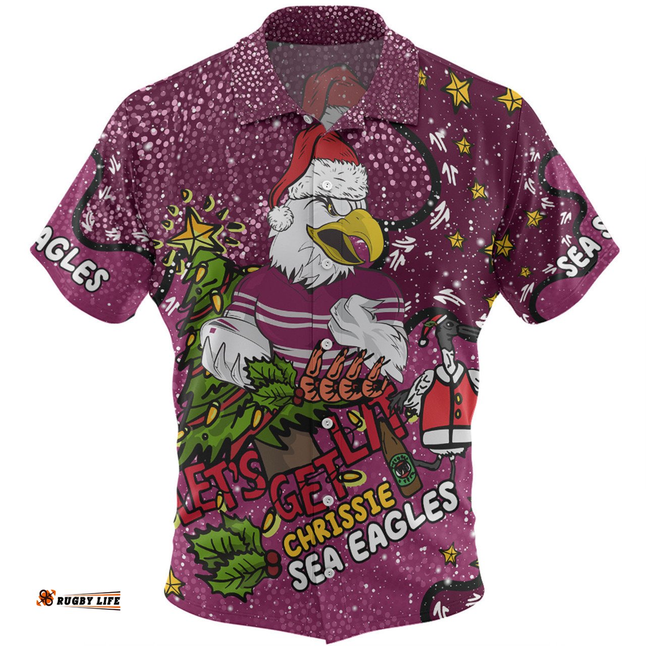 Manly Warringah Sea Eagles Christmas Custom Hawaiian Shirt - Let's Get Lit Chrisse Pressie Hawaiian Shirt