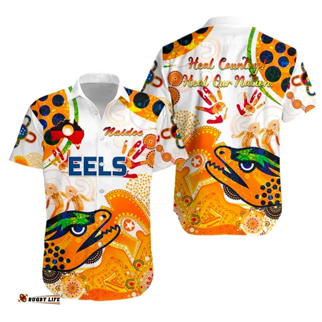 Parramatta Hawaiian Shirt Eels Indigenous NAIDOC Heal Country! Heal Our Nation White