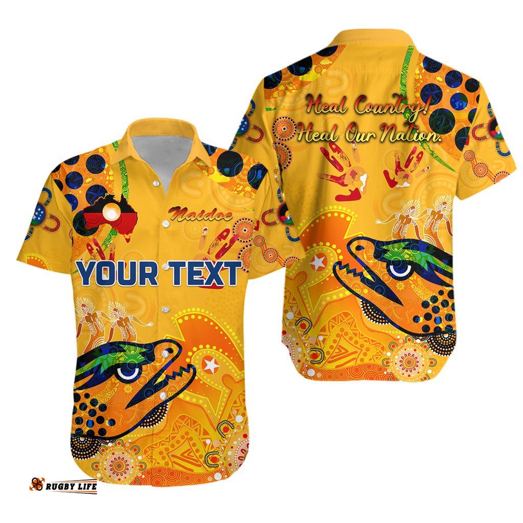Custom Personalised Parramatta Hawaiian Shirt Eels Indigenous NAIDOC Heal Country! Heal Our Nation Gold