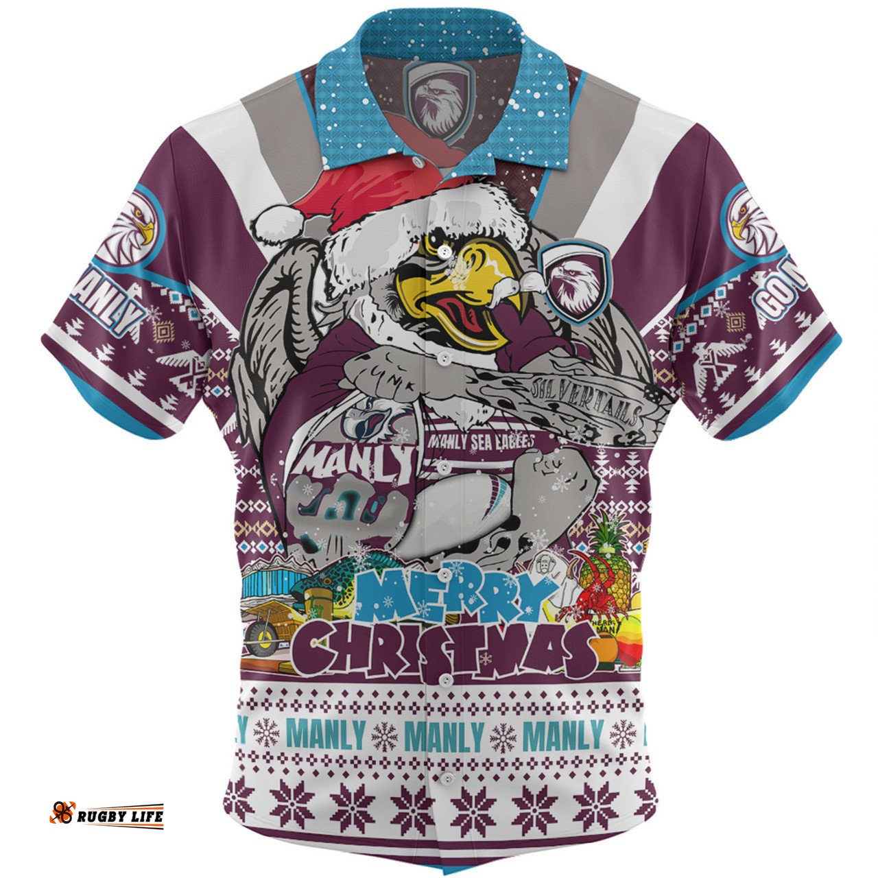 Manly Warringah Sea Eagles Christmas Custom Hawaiian Shirt - Manly Santa Aussie Big Things Hawaiian Shirt