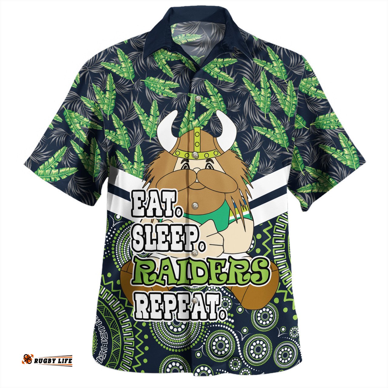 Canberra Raiders Hawaiian Shirt - Tropical Patterns And Dot Painting Eat Sleep Rugby Repeat