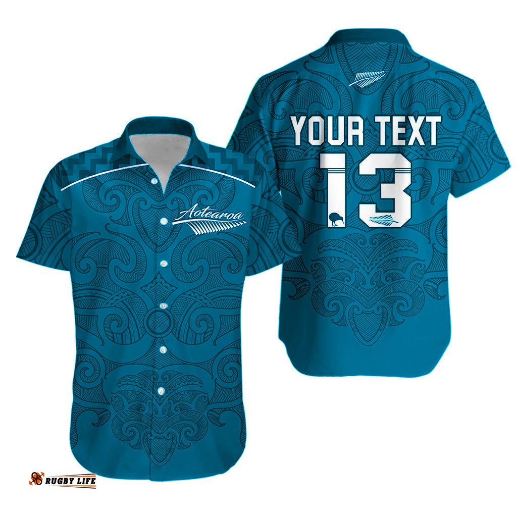 Custom Personalised Maori Hawaiian Shirt Turquoise Aotearoa Tattoo Custom Text and Number