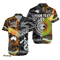 Custom Personalised New Zealand Maori Aotearoa And Australia Aboriginal Hawaiian Shirt Together Black, Custom Text And Number
