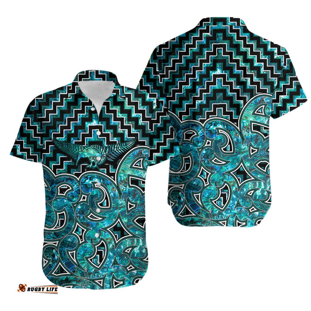 New Zealand Hawaiian Shirt Maori Graphic Tee patterns Paua Shell