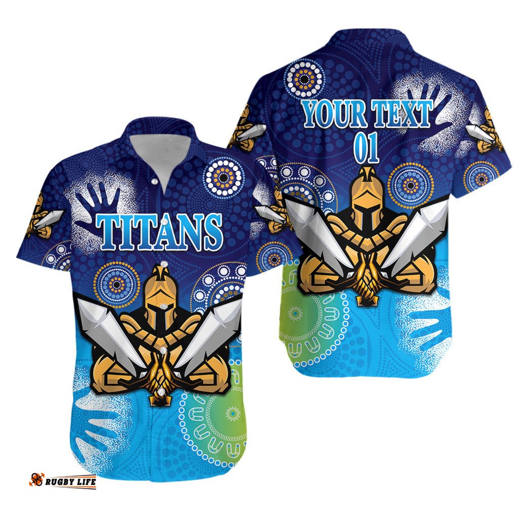 Custom Personalised Gold Coast Titans Hawaiian Shirt Simple Indigenous, Custom Text And Number