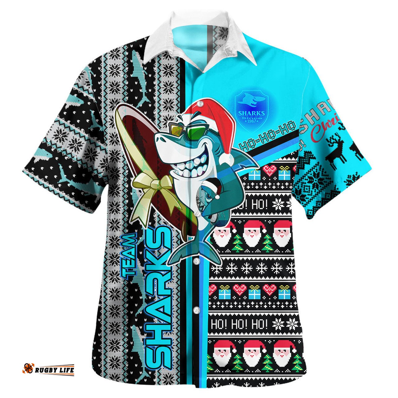 Cronulla-Sutherland Sharks Hawaiian Shirt - Merry Christmas Super Surfrider Sharkies Snowflakes Ho Ho Ho Hawaiian Shirt