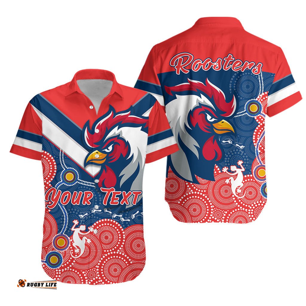 Custom Personalised RooSTERS Hawaiian Shirt Red Aboriginal Rugby