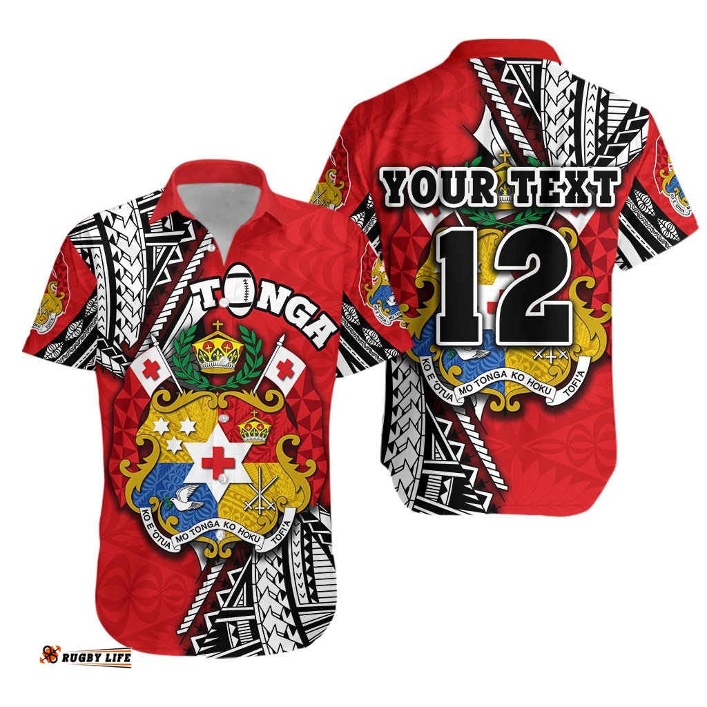 Custom Personalised Tonga Rugby Hawaiian Shirt Polynesian Style Pinwheel Custom Text and Number