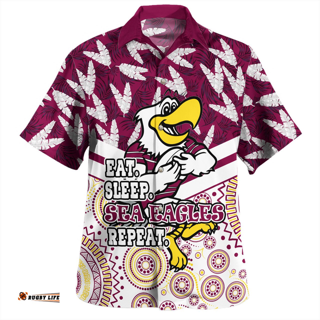 Manly Warringah Sea Eagles Hawaiian Shirt - Tropical Patterns And Dot Painting Eat Sleep Rugby Repeat