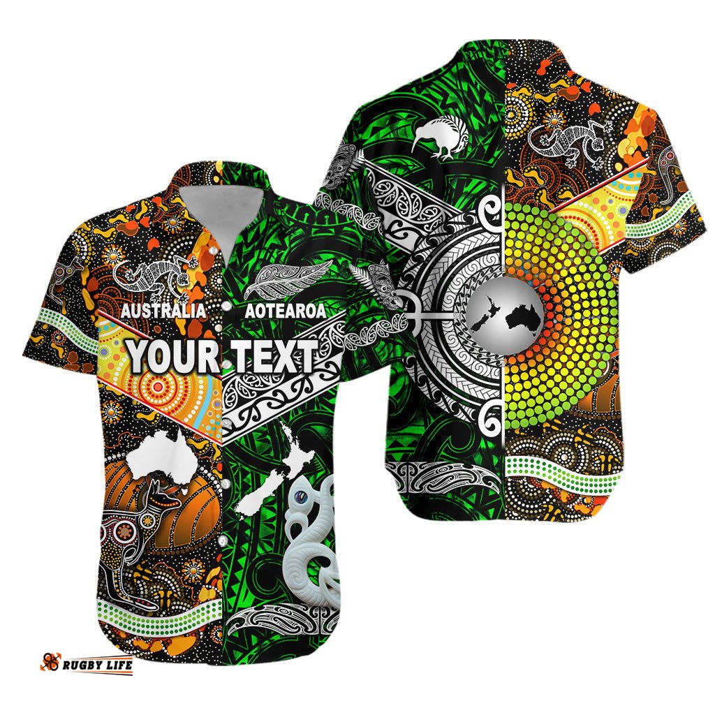 Custom Personalised New Zealand Maori Aotearoa And Australia Aboriginal Hawaiian Shirt Together Green