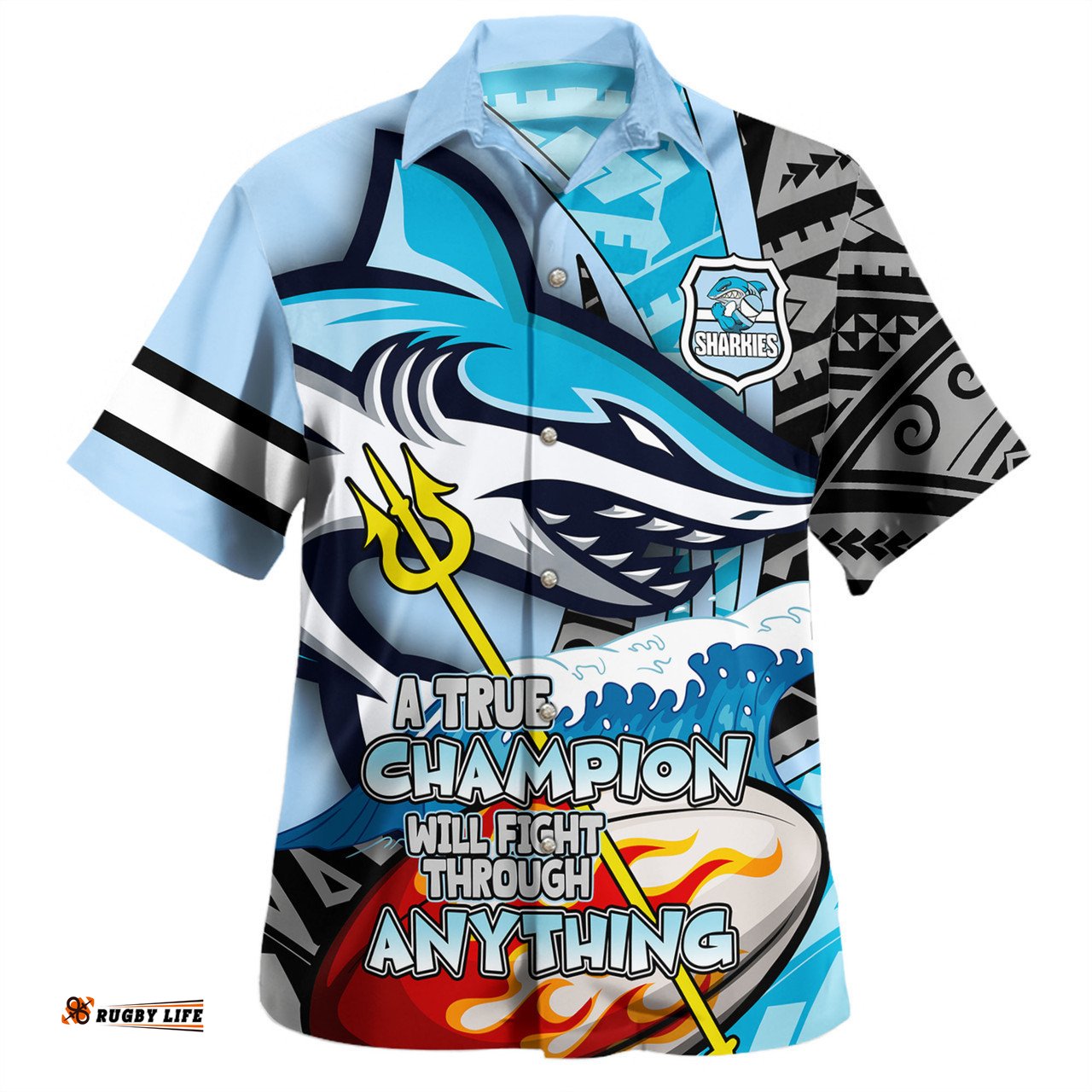 Cronulla-Sutherland Sharks Grand Final Hawaiian Shirt - A True Champion Will Fight Through Anything With Polynesian Patterns
