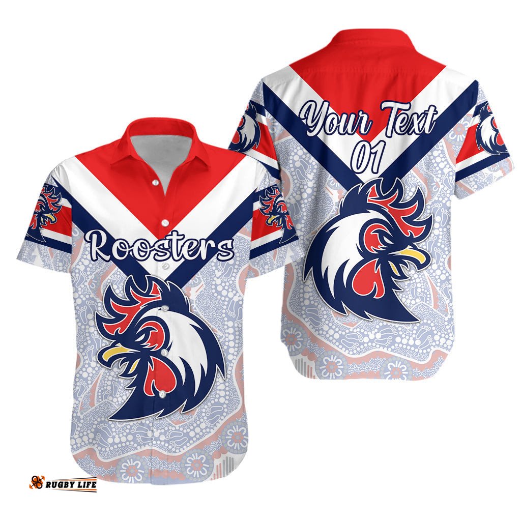 Custom Personalised Sydney Hawaiian Shirt Roosters Indigenous Vibes White, Custom Text And Number