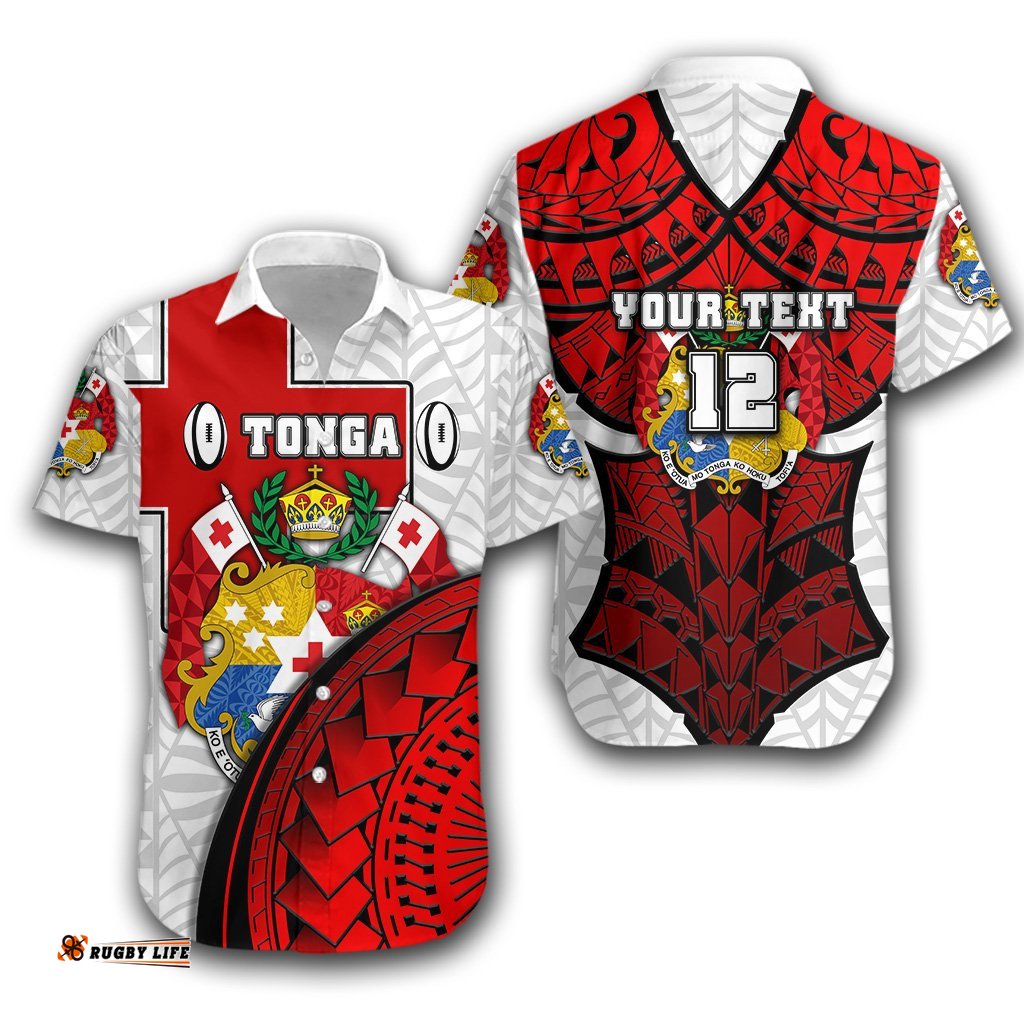 Custom Personalised Tonga Rugby Hawaiian Shirt Polynesian Armor Style White