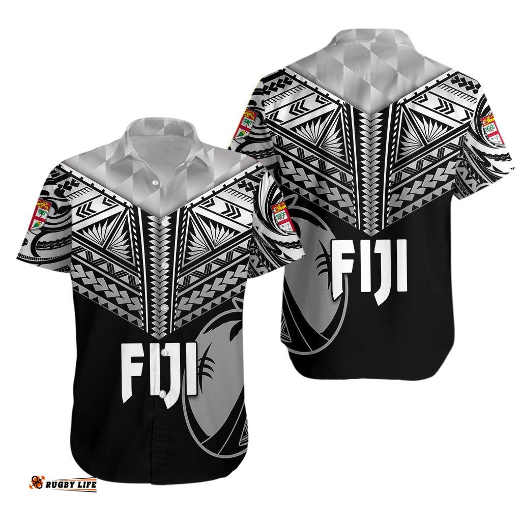 Fiji Rugby Hawaiian Shirt Coconut Sporty Vibes Full Black