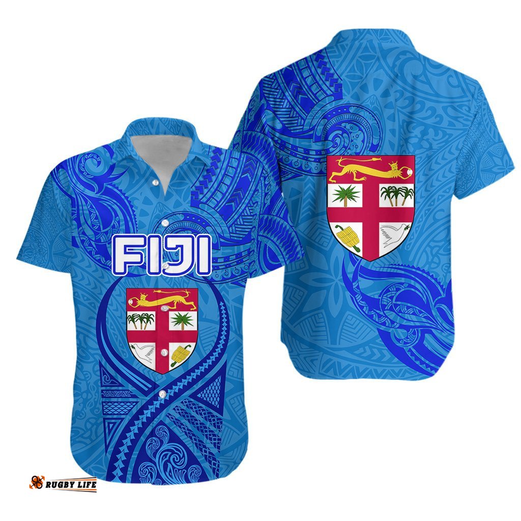 Blue Hawaiian Shirt Fiji Rugby Polynesian Waves Style